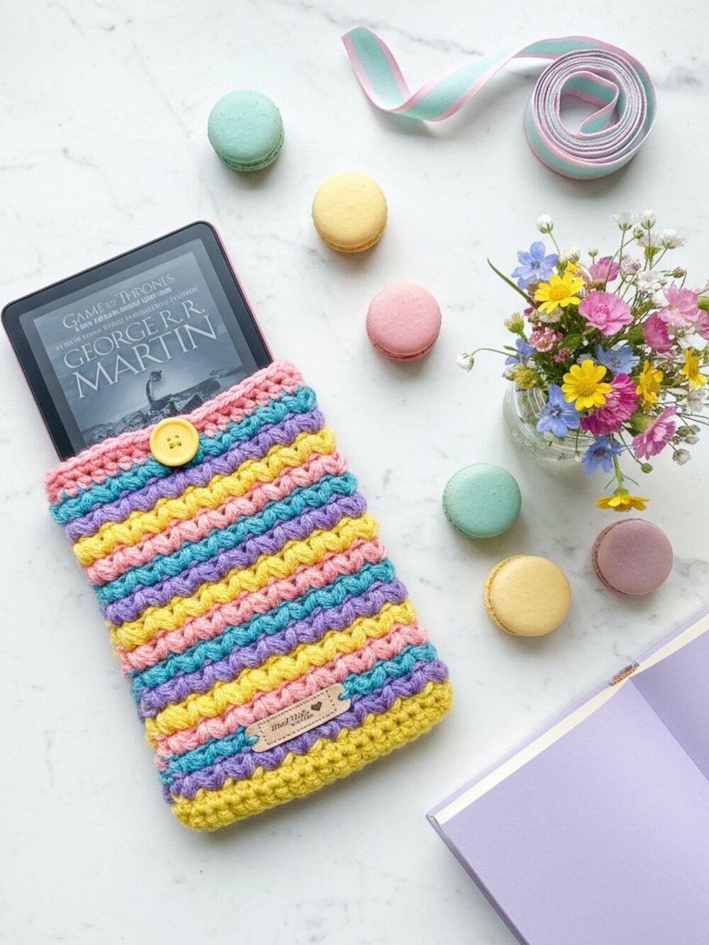 Kindle Paperwhite Sleeve — Pastel Pop Crochet E-Reader & Paperback Book Cover